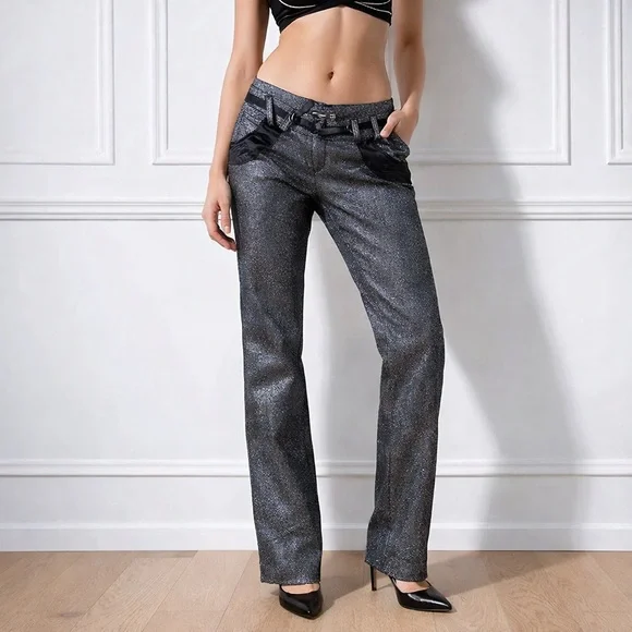 Y2K Metallic Silver Shimmer Pants – Low Rise Statement Trouser - Picture 1 of 15